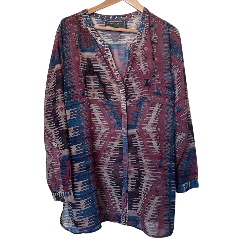 Double D Ranch Button Shirt Blouse Medium Long Sheer Aztec Southwestern Western